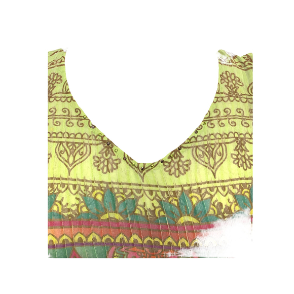 Women's One World semi-sheer blouse, sz L, green, pink, sequin, flutter sleeve - Picture 3 of 7